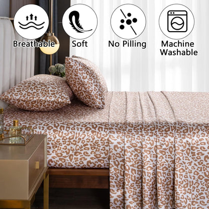 Luxury Leopard Comforter Set and Queen Satin Sheet Set - Silky Soft Cooling Bed Sheets with Deep Pockets and Cheetah Print, 90 GSM (4 Piece, Beige Leopard)