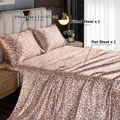 Luxury Leopard Comforter Set and Queen Satin Sheet Set - Silky Soft Cooling Bed Sheets with Deep Pockets and Cheetah Print, 90 GSM (4 Piece, Beige Leopard)