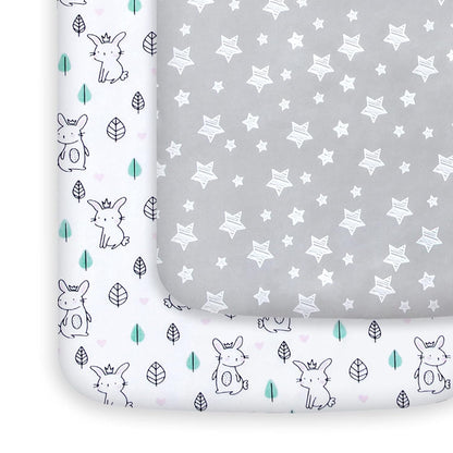 2-Pack Mini Crib Sheets, Soft, Stretchy Playard Fitted Sheets in Stars & Bunny Design, Compatible with Graco Pack N Play