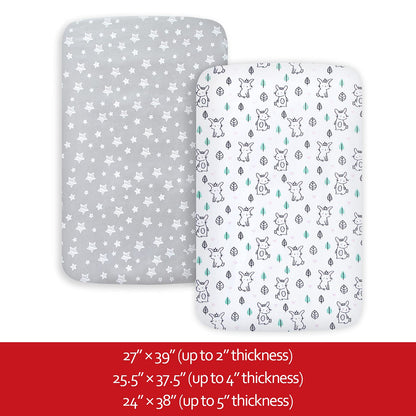 2-Pack Mini Crib Sheets, Soft, Stretchy Playard Fitted Sheets in Stars & Bunny Design, Compatible with Graco Pack N Play