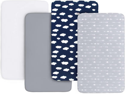 4-Pack Mini Crib Sheets for Boys and Girls - Soft, Breathable Microfiber Bedding in Grey, Navy, and White